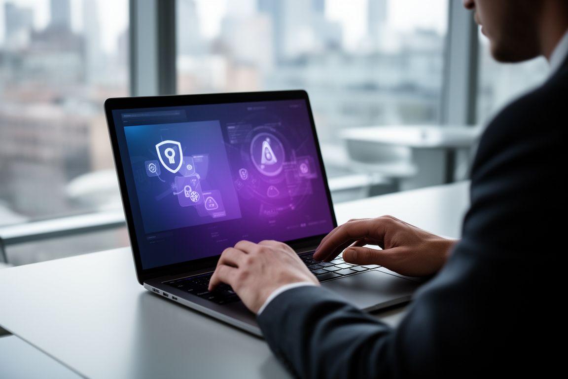 Cybersecurity analyst reviewing privacy controls on a laptop in a calm New York office
