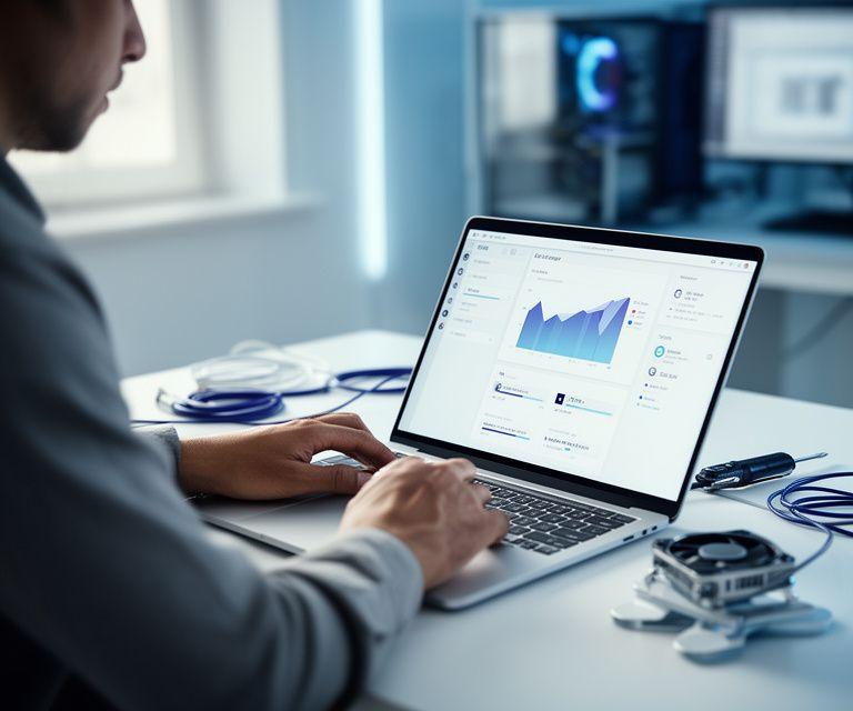 Technician reviewing a clean performance dashboard beside a streamlined laptop workspace