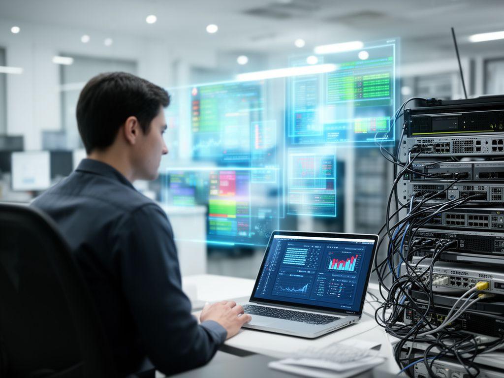 Cybersecurity specialist reviewing antivirus dashboards on a bright office workstation beside a laptop and secure network hardware