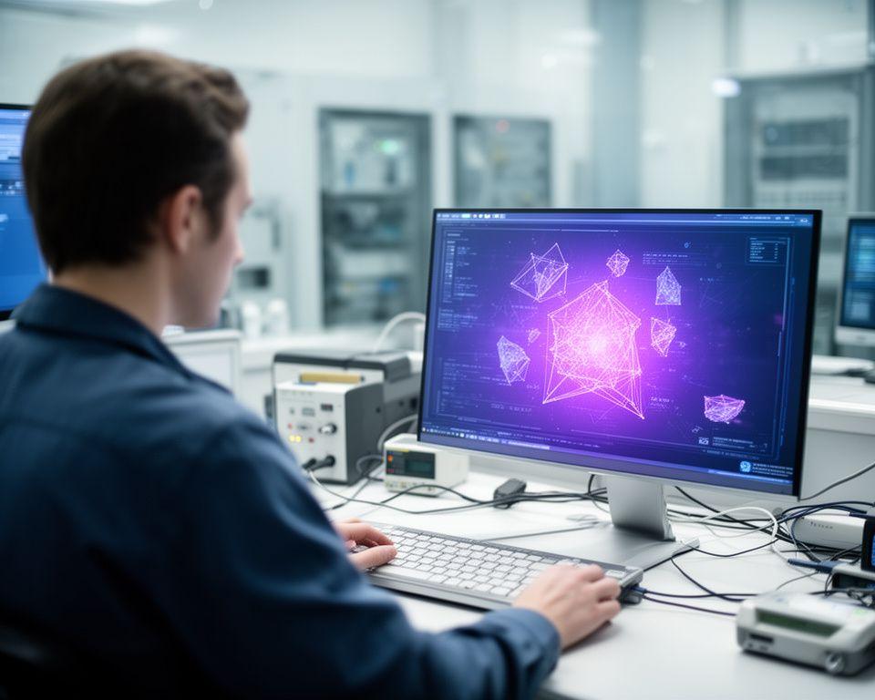 Technician reviewing malicious code on a workstation in a bright cybersecurity lab