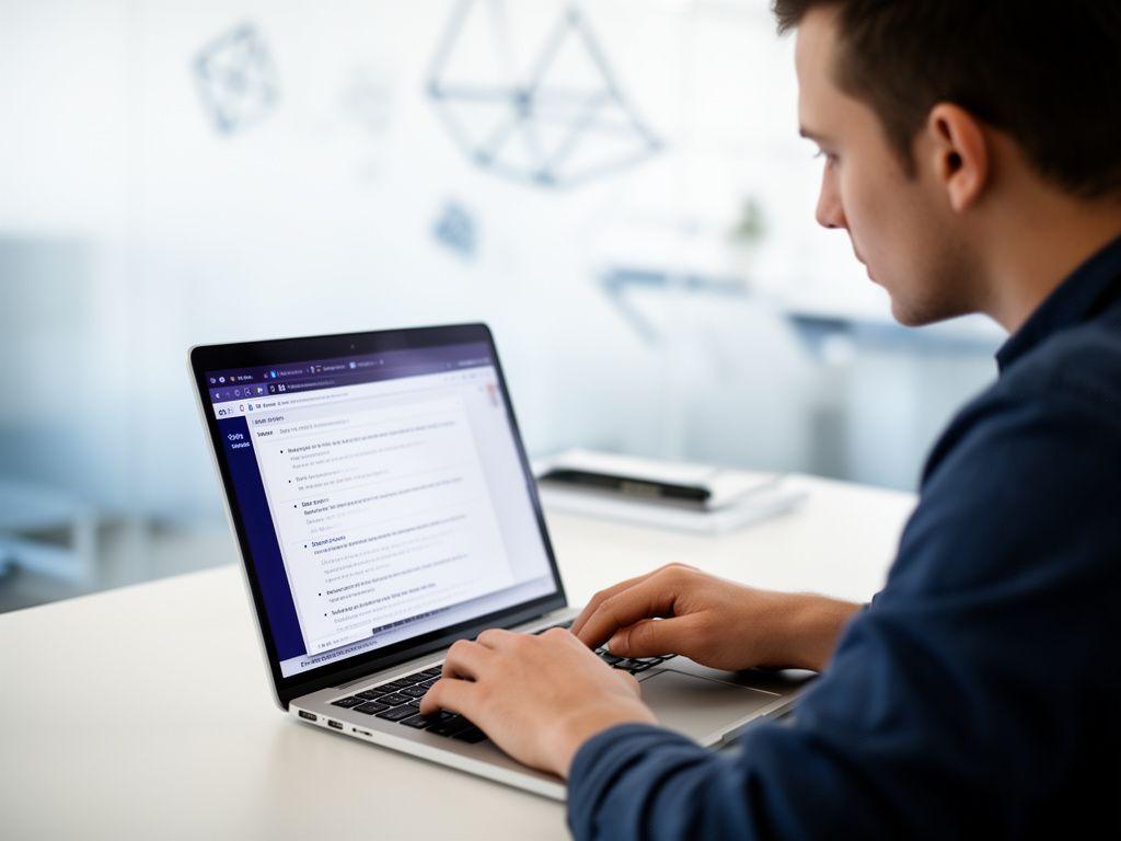 Cybersecurity specialist reviewing website policies on a laptop in a bright modern office