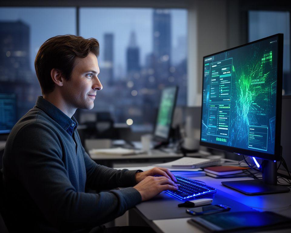 Cybersecurity specialist reviewing threat alerts beside a glowing desktop workstation in a New York office