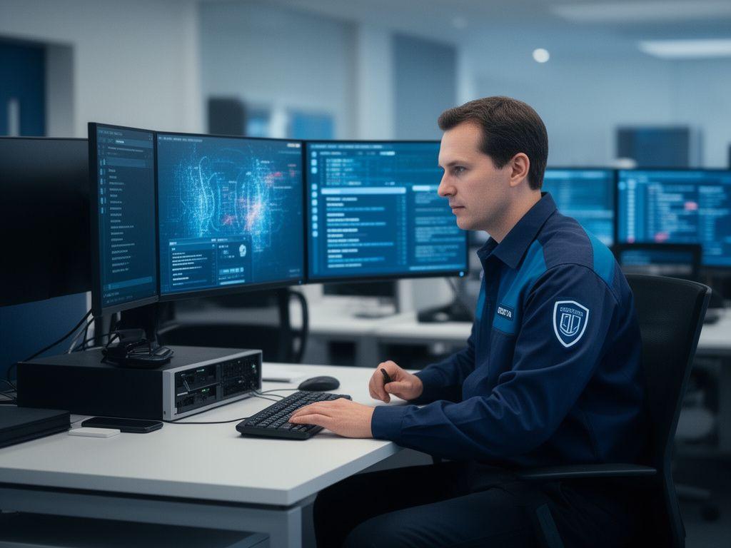 Security technician reviewing support alerts beside a workstation in a calm modern office
