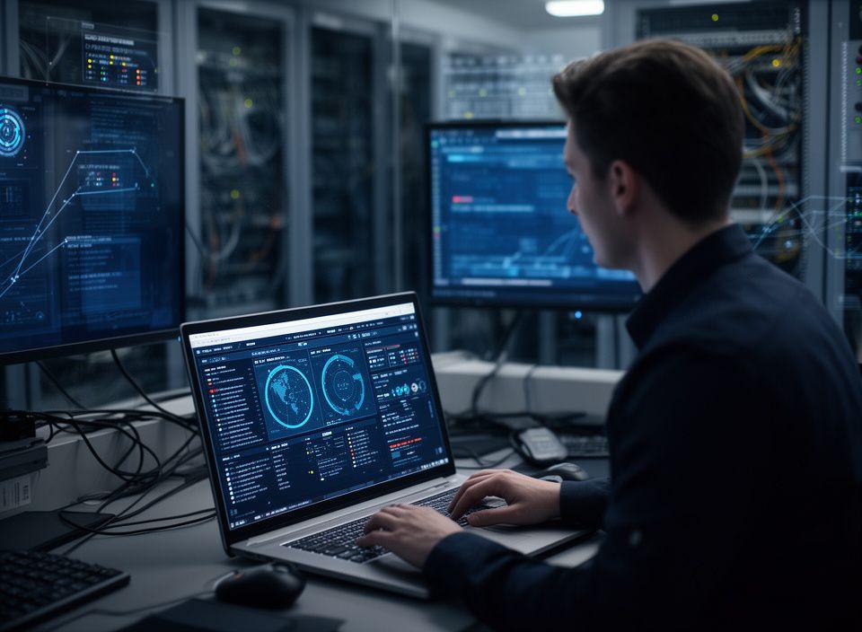 Security analyst reviewing a live threat detection dashboard in a New York operations room with multiple alert panels and network graphs